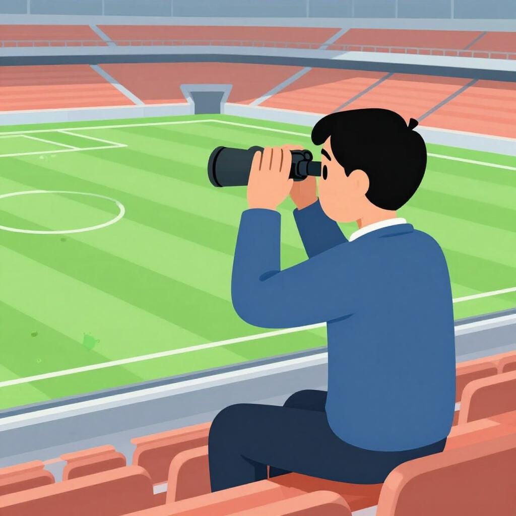 A person with binoculars and a clipboard watching a soccer game from the sidelines.
