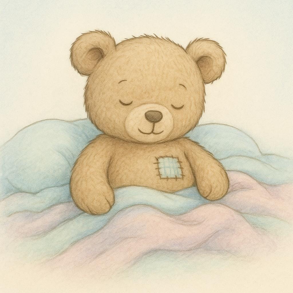 A slightly worn teddy bear with a small patch on its chest rests peacefully on a blanket, symbolizing something that has suffered wear or damage in the past.