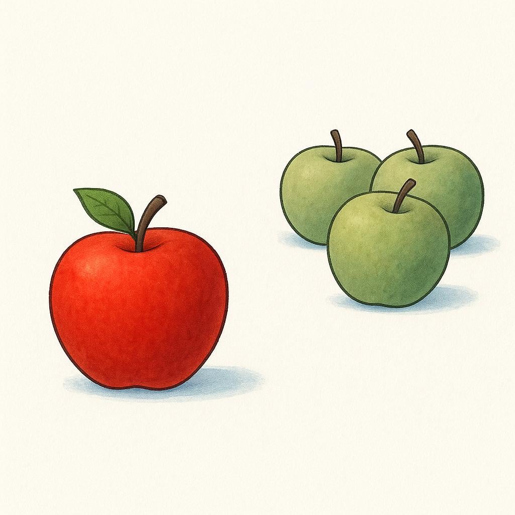 A single bright red apple placed prominently in the center, surrounded by three less vibrant green apples, symbolizing the favorite choice.