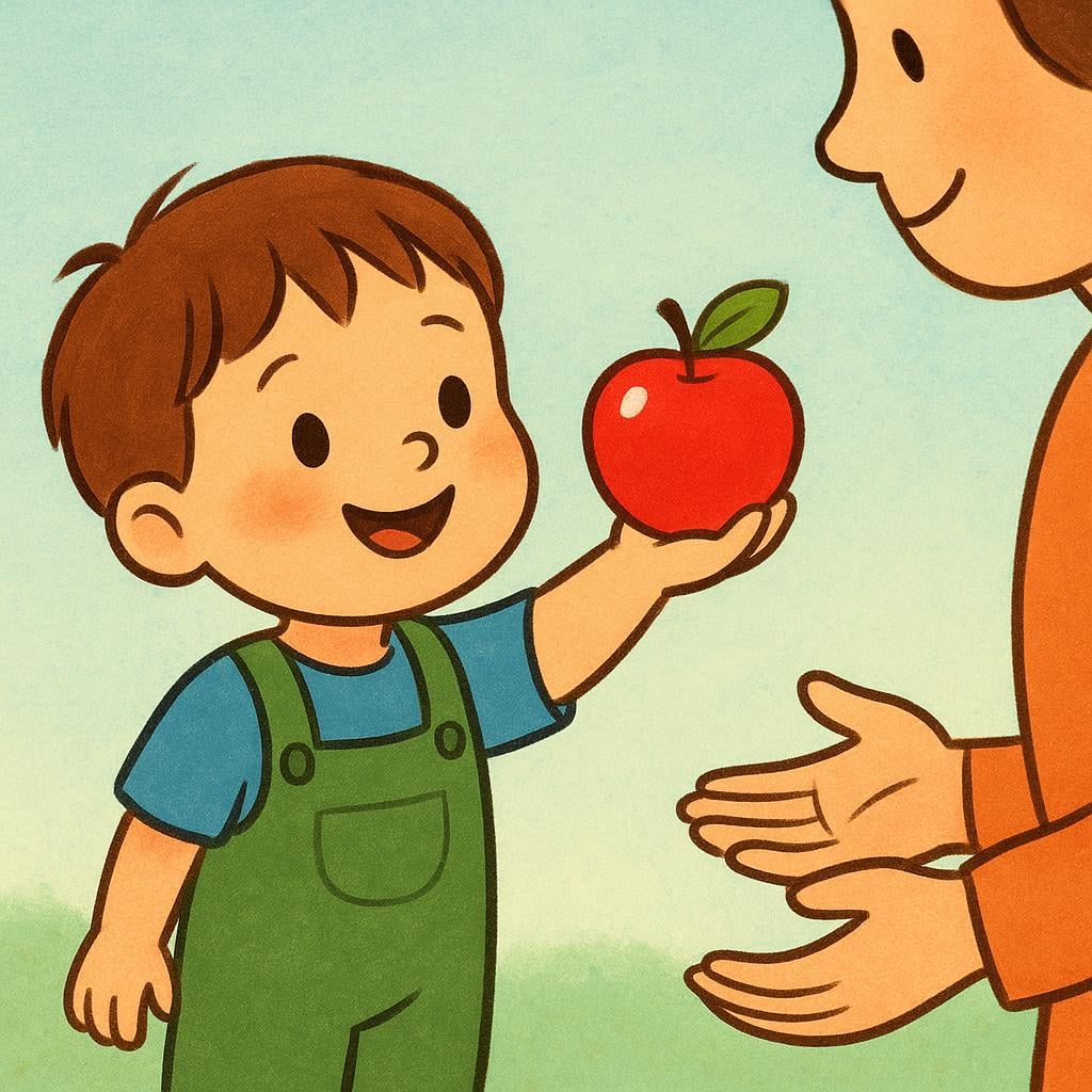 A storybook illustration of a child holding up a red apple for an adult to see.