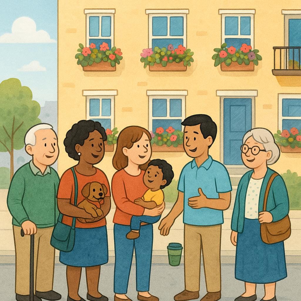A group of diverse neighbors chatting happily in front of a colorful apartment building with balconies.