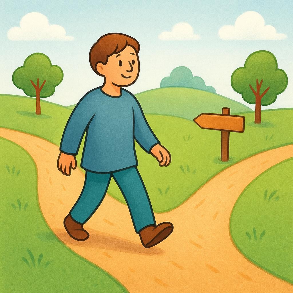 A simplified drawing of a dirt path splitting into two directions, with a cartoon figure confidently stepping onto the chosen path.