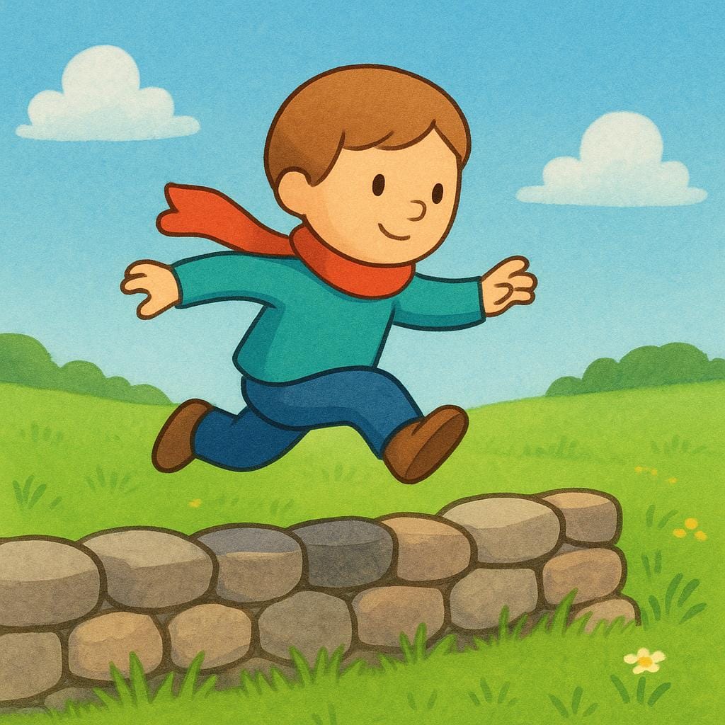 A small simplified character leaping over a low stone wall toward a bright green meadow, symbolizing freedom.
