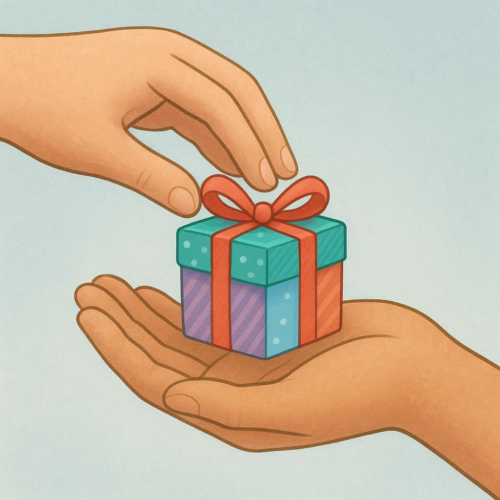 A close-up view of one hand gently placing a small, colorful gift box into another open, waiting palm, symbolizing the action of giving.