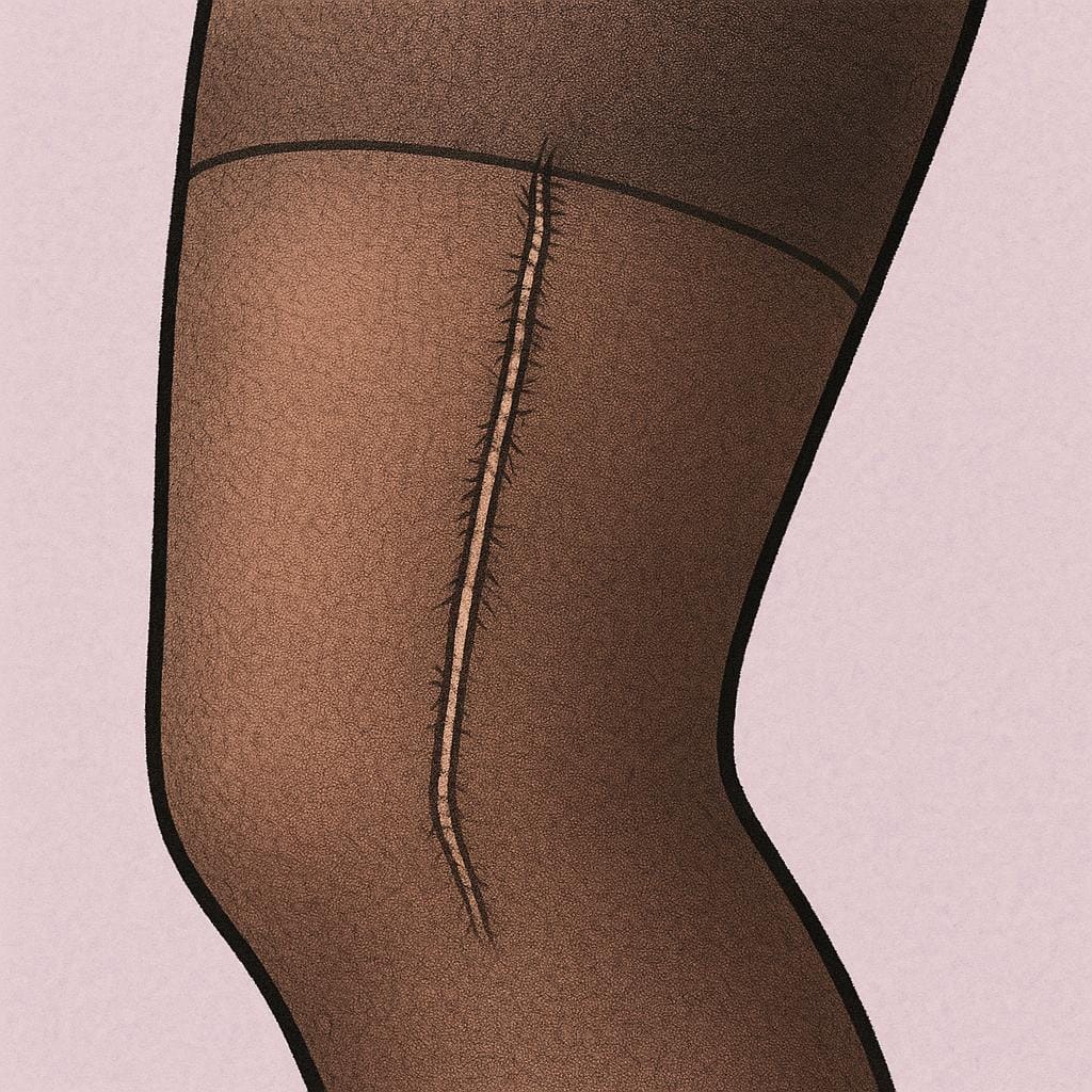 Extreme close-up of a leg wearing a sheer black stocking with a distinct, thin vertical line of unraveling thread, known as a 'run' or 'ladder'.