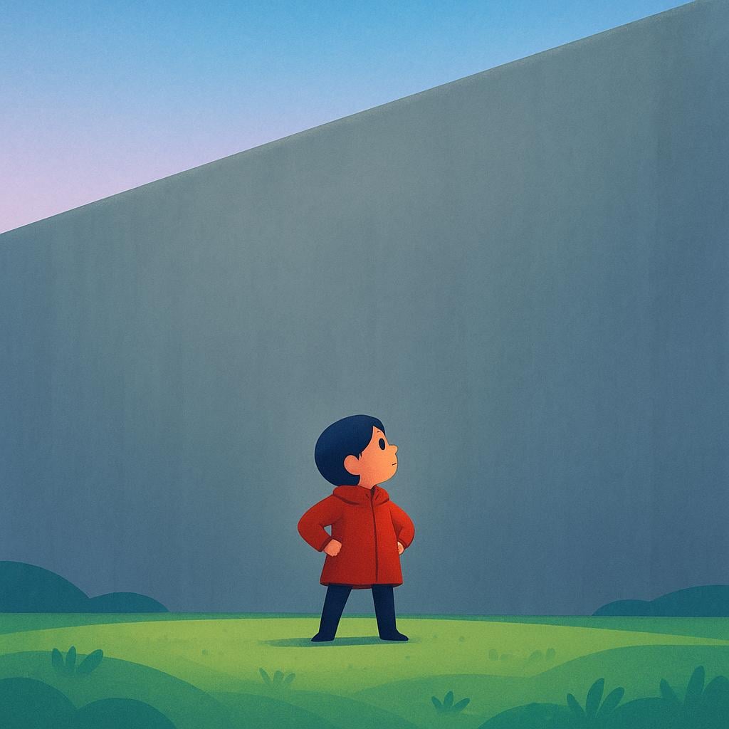 A small, silhouetted figure standing at the base of a massive, smooth, gray wall that stretches across the entire horizon, symbolizing an insurmountable obstacle.