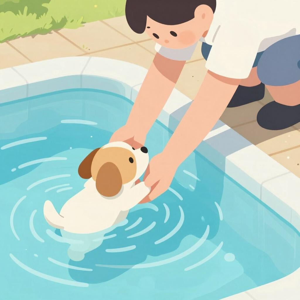 A friendly lifeguard pulling a small dog out of a swimming pool to safety.