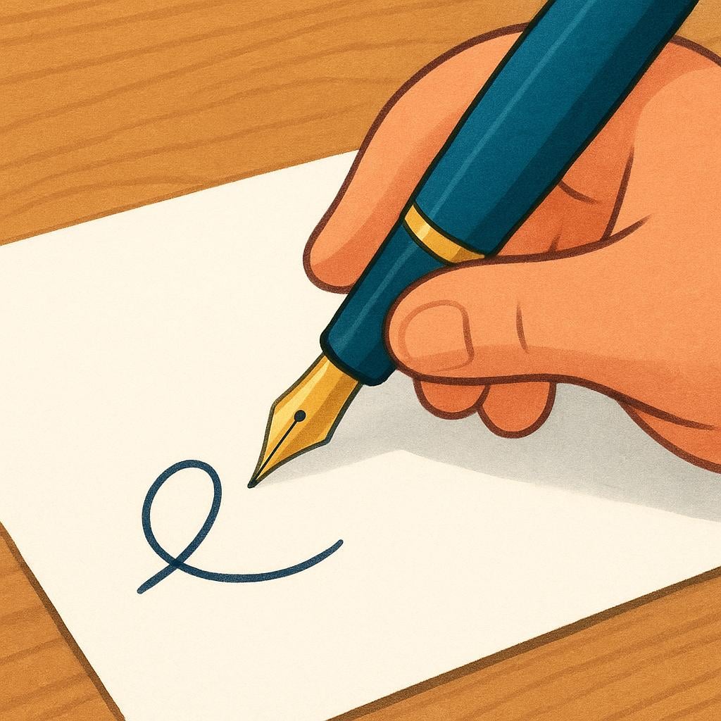 A close-up view of an illustrated hand holding a fountain pen over a document resting on a desk, with a stylized, abstract mark visible on the paper, signifying a completed signature.