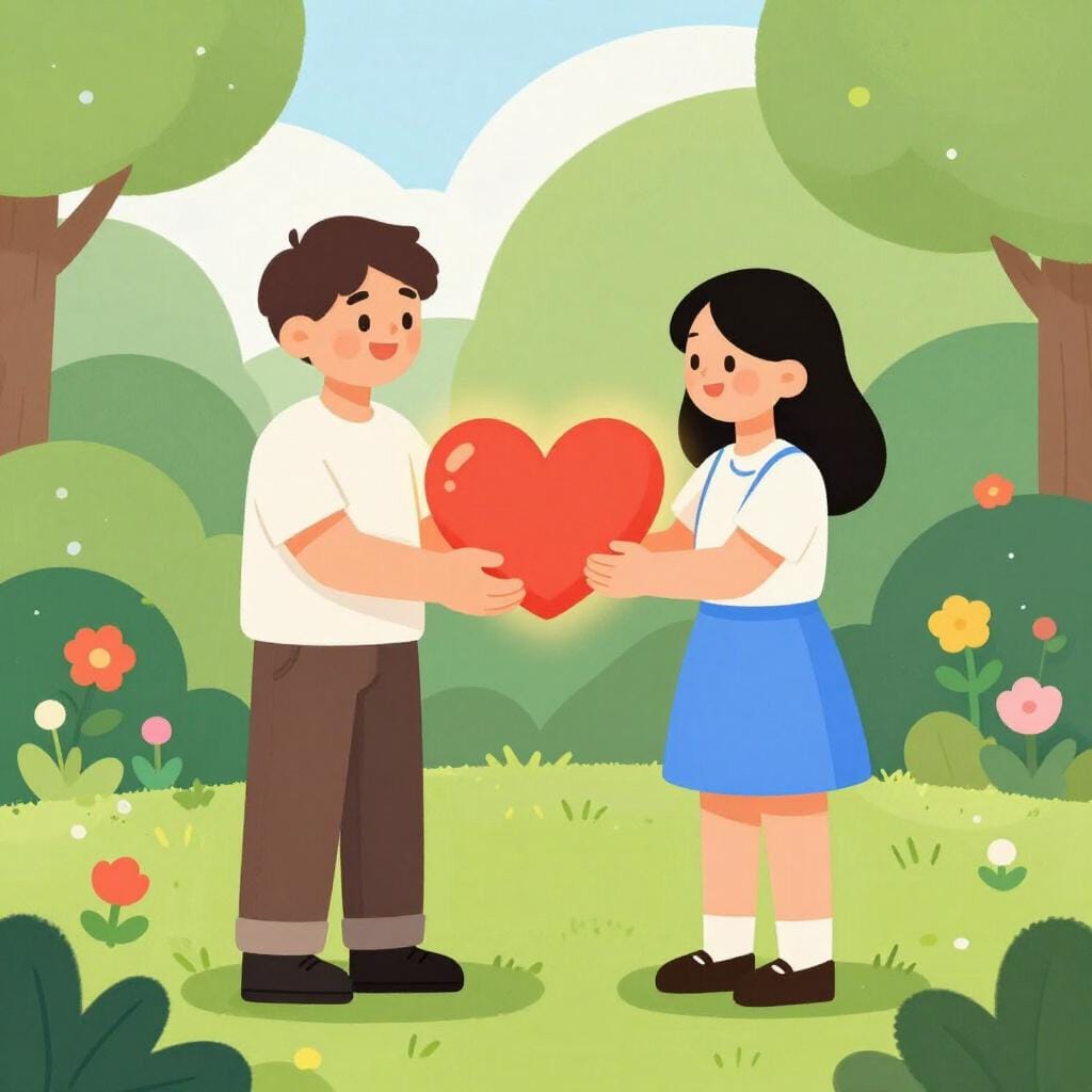 A person offering a large red heart to another person in a friendly garden setting.