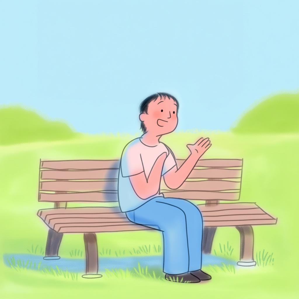 شخص بتعبير ودود، فمه مفتوح كأنه يتحدث، ويشير بيديه أثناء المحادثة.