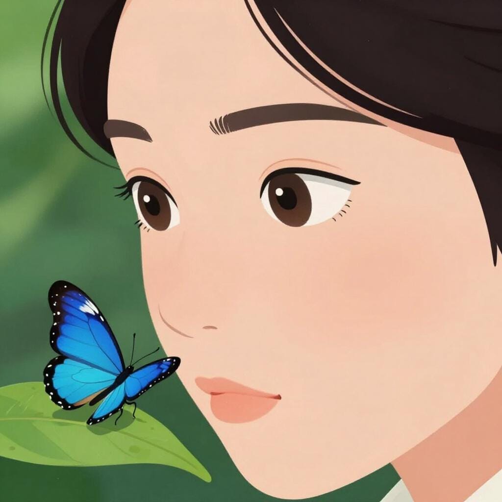 葉っぱの上にある小さな蝶をじっと見つめている人。