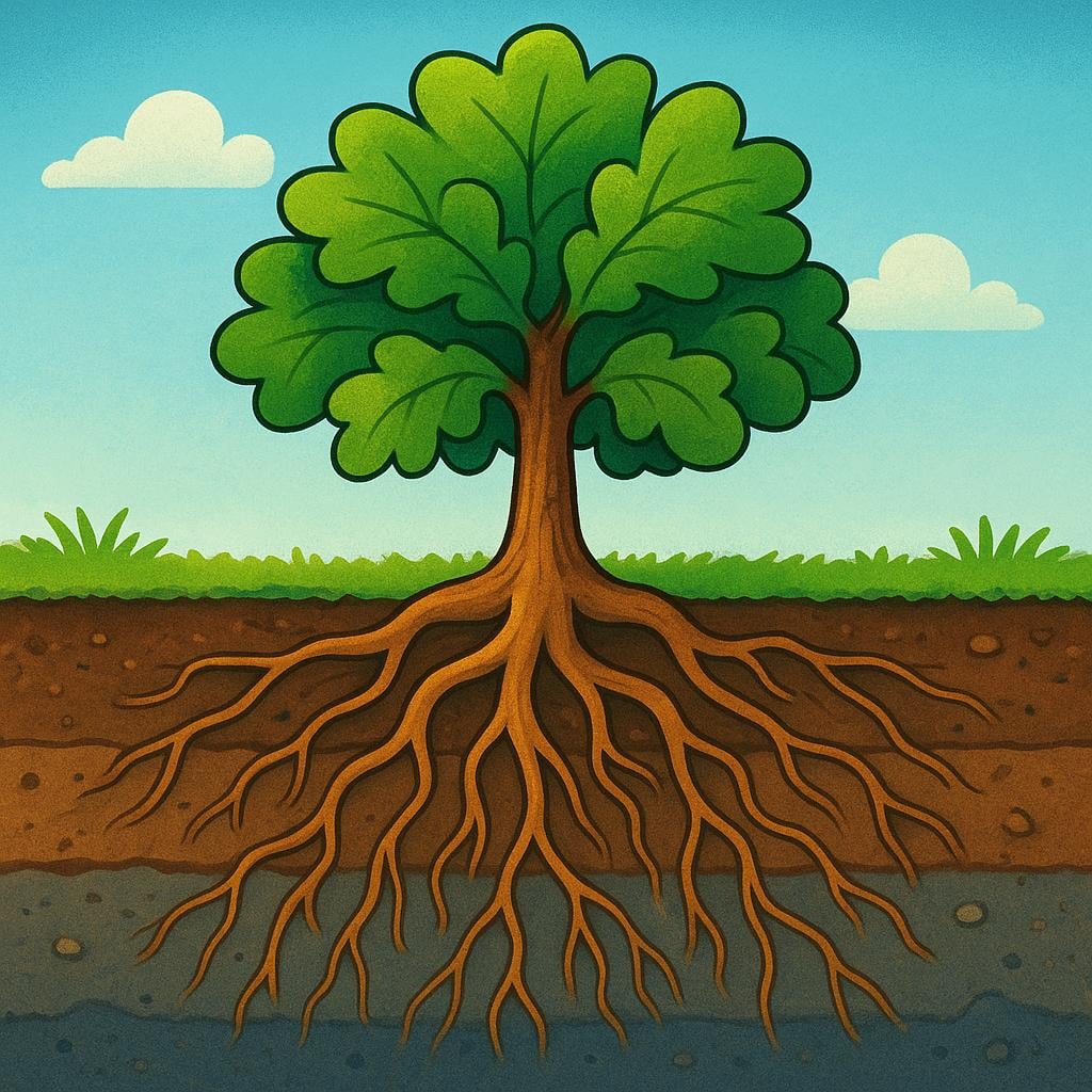 A close-up illustration of a young, sturdy oak sapling with unusually large, deep roots extending downward into the soil, emphasizing its strong foundation for future growth.
