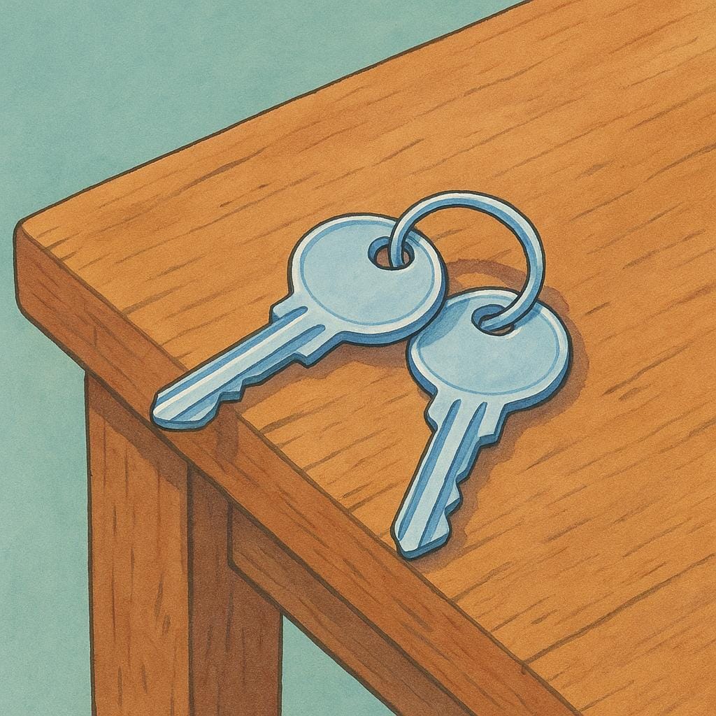 A simple image showing a set of house keys resting alone on a wooden table, illustrating the action of leaving something behind.
