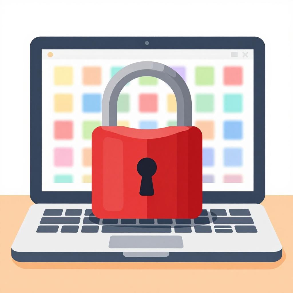 A laptop screen displaying a grid of colorful, blurry image thumbnails with a large red padlock in front of it.