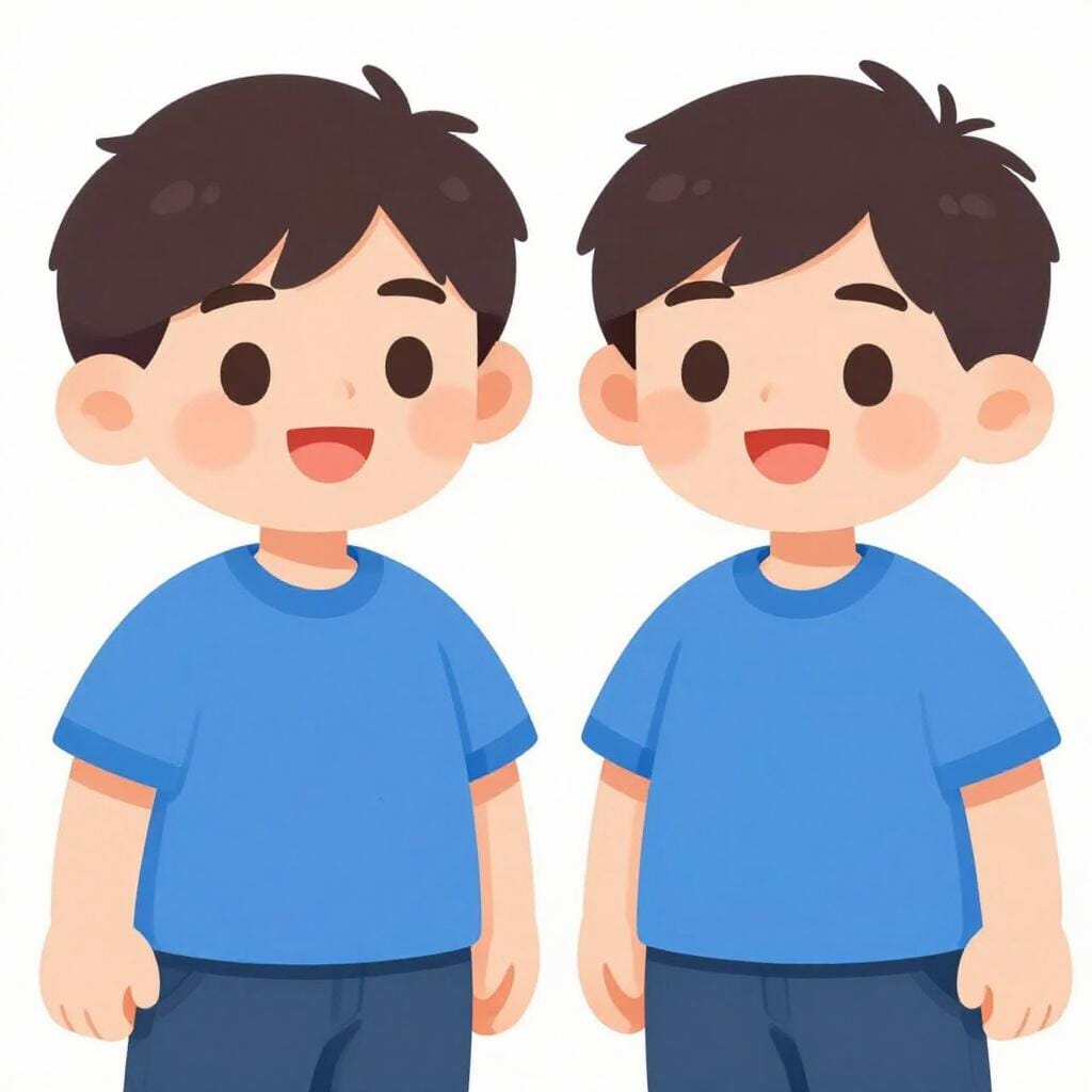 똑같은 머리와 옷을 입고 나란히 서서 웃고 있는 두 명의 어린 남자아이들.