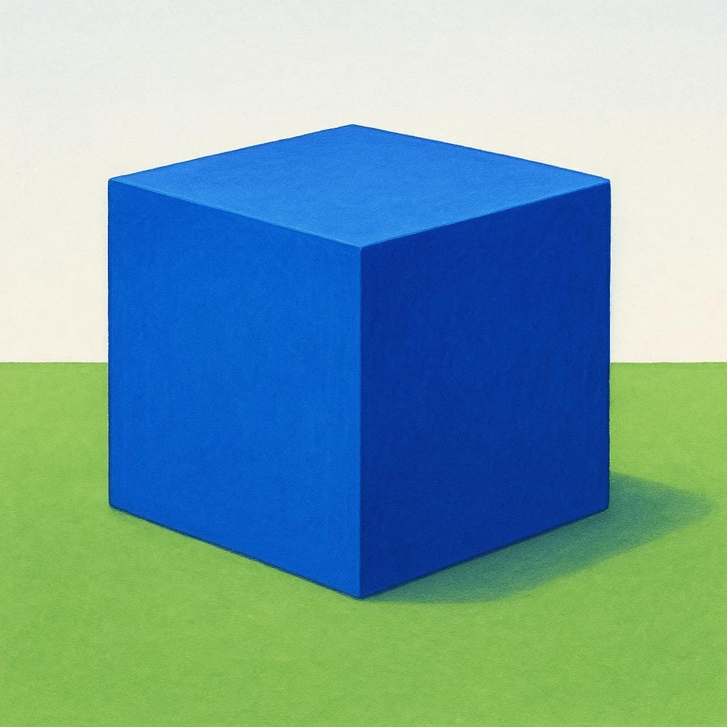 A large, perfectly balanced blue cube resting firmly on a flat green surface, illustrating physical firmness and stability.