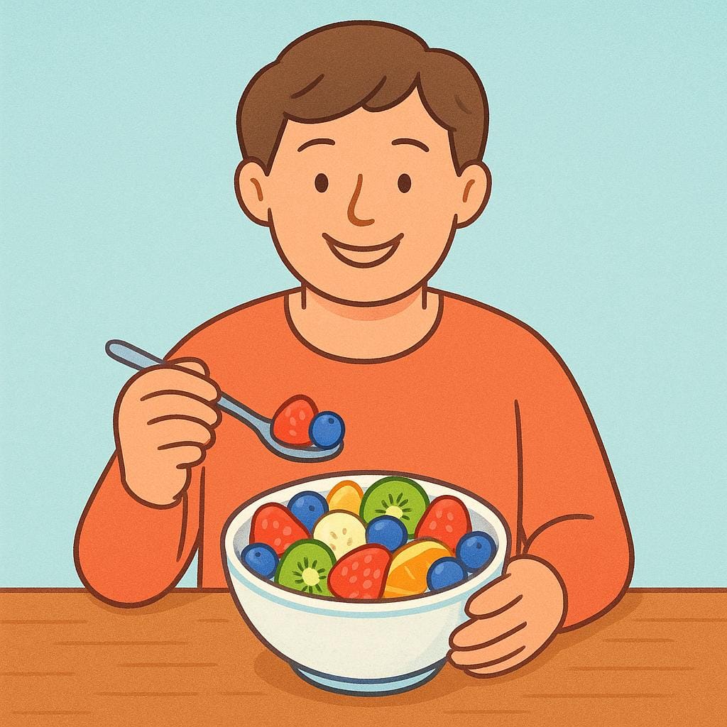 A person sitting at a simple wooden table, happily eating a bowl of fresh fruit salad.