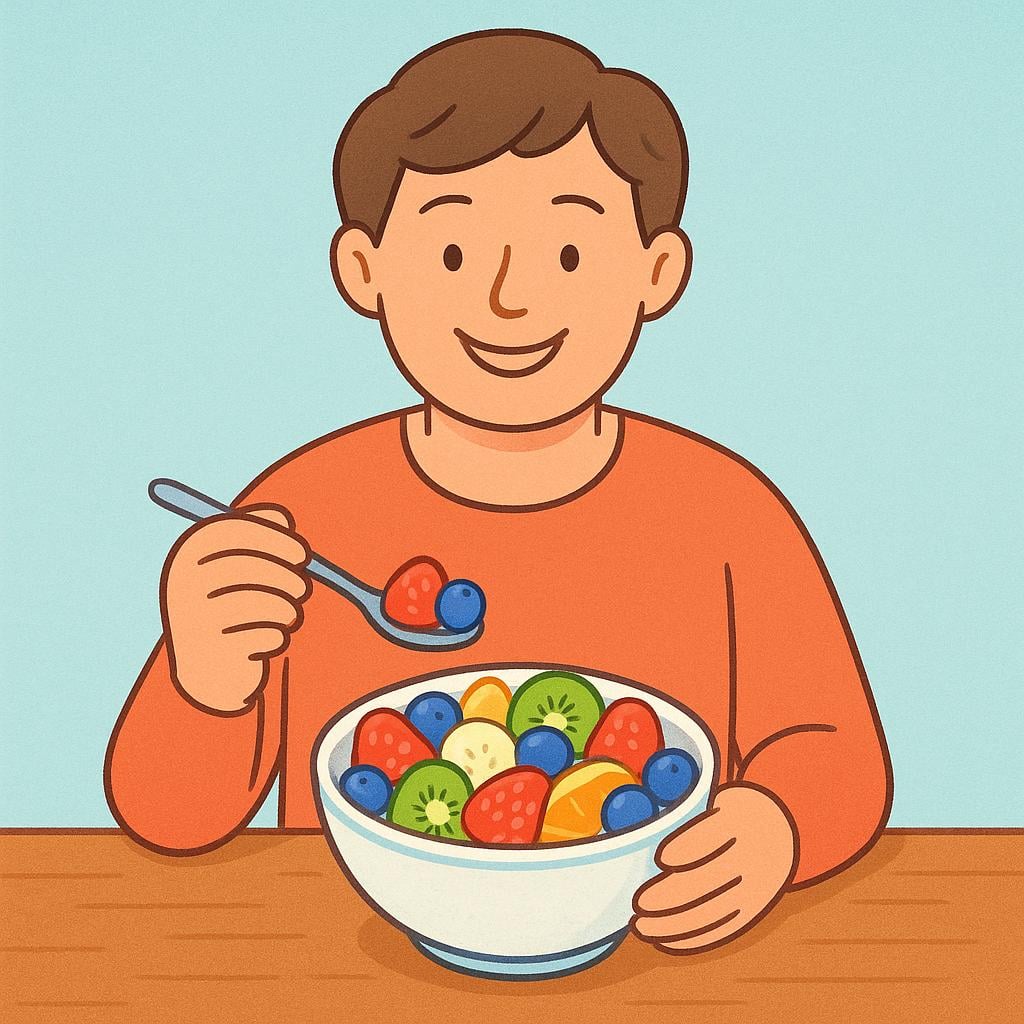 A person sitting at a simple wooden table, happily eating a bowl of fresh fruit salad.