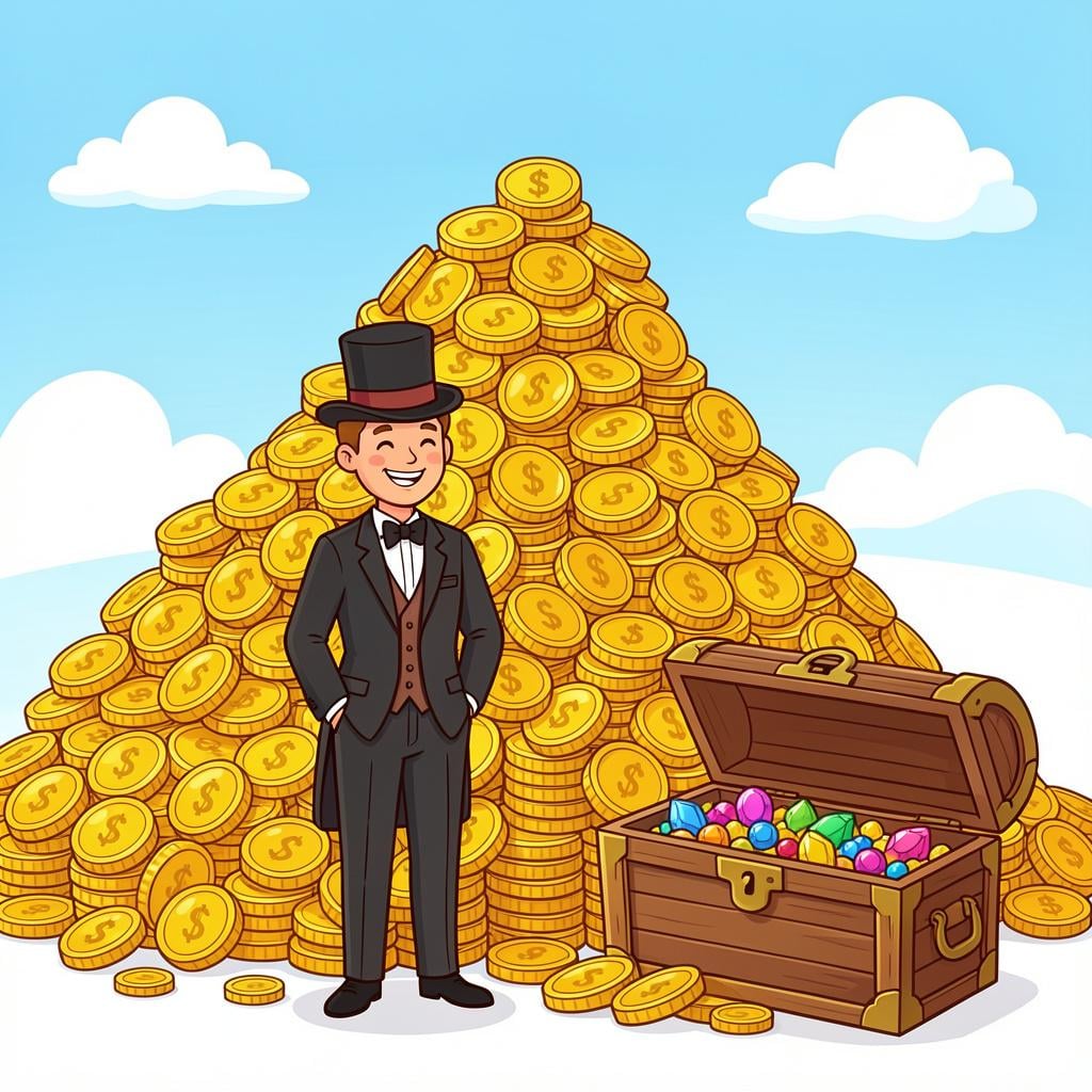 A wealthy person wearing a fine suit, standing next to a large pile of gold coins and overflowing chests of treasure.
