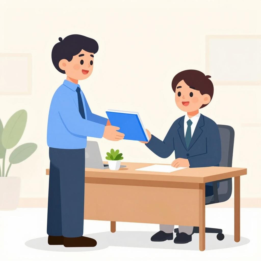 A person handing a formal folder to an office worker across a desk.