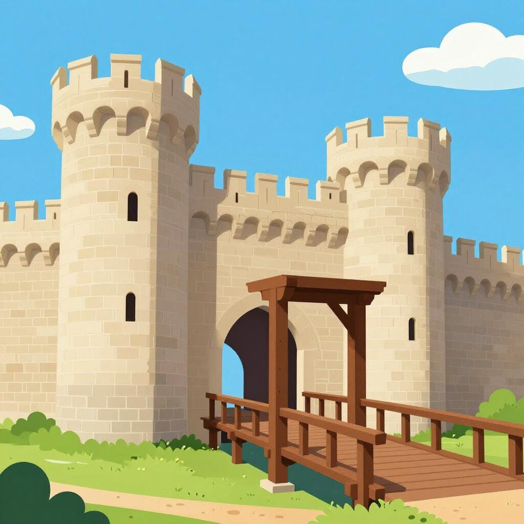 A weathered stone castle with tall towers and a drawbridge.
