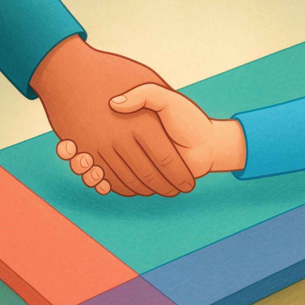 Two people (one adult and one child) shaking hands firmly across a brightly colored table, symbolizing a serious commitment.