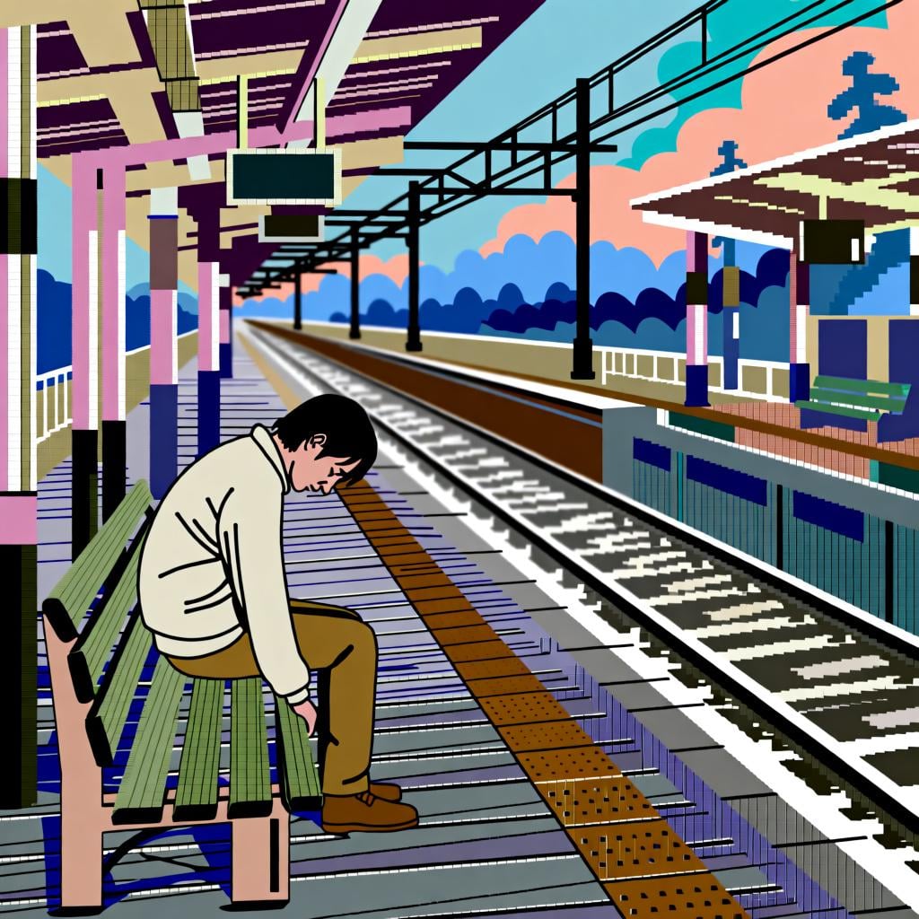 A person sitting on a bench at an empty train station, illustrating 'la espera' (the wait).