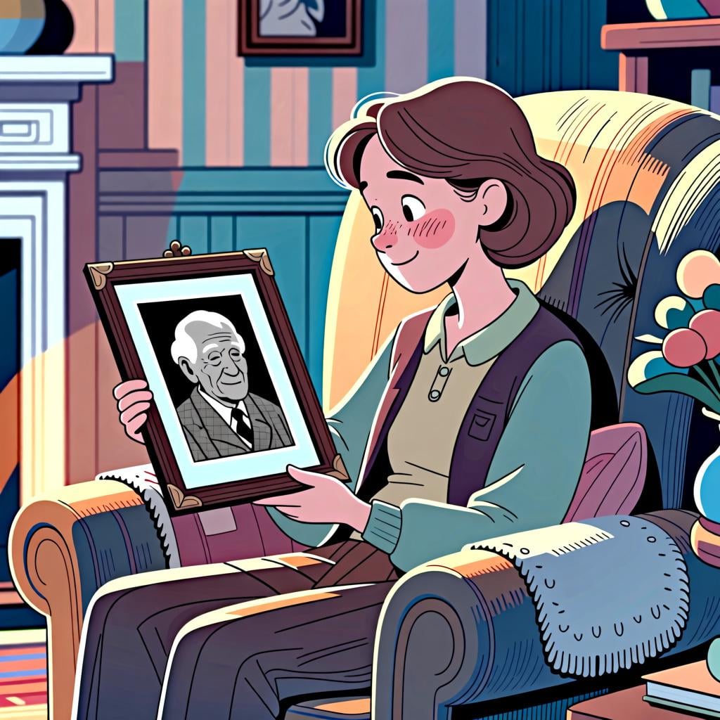 A person looking fondly at an old, framed photo of a grandparent, representing past affection.