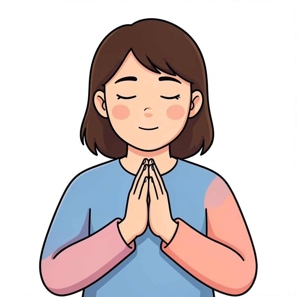 A person with hands clasped together in a peaceful, prayerful pose.