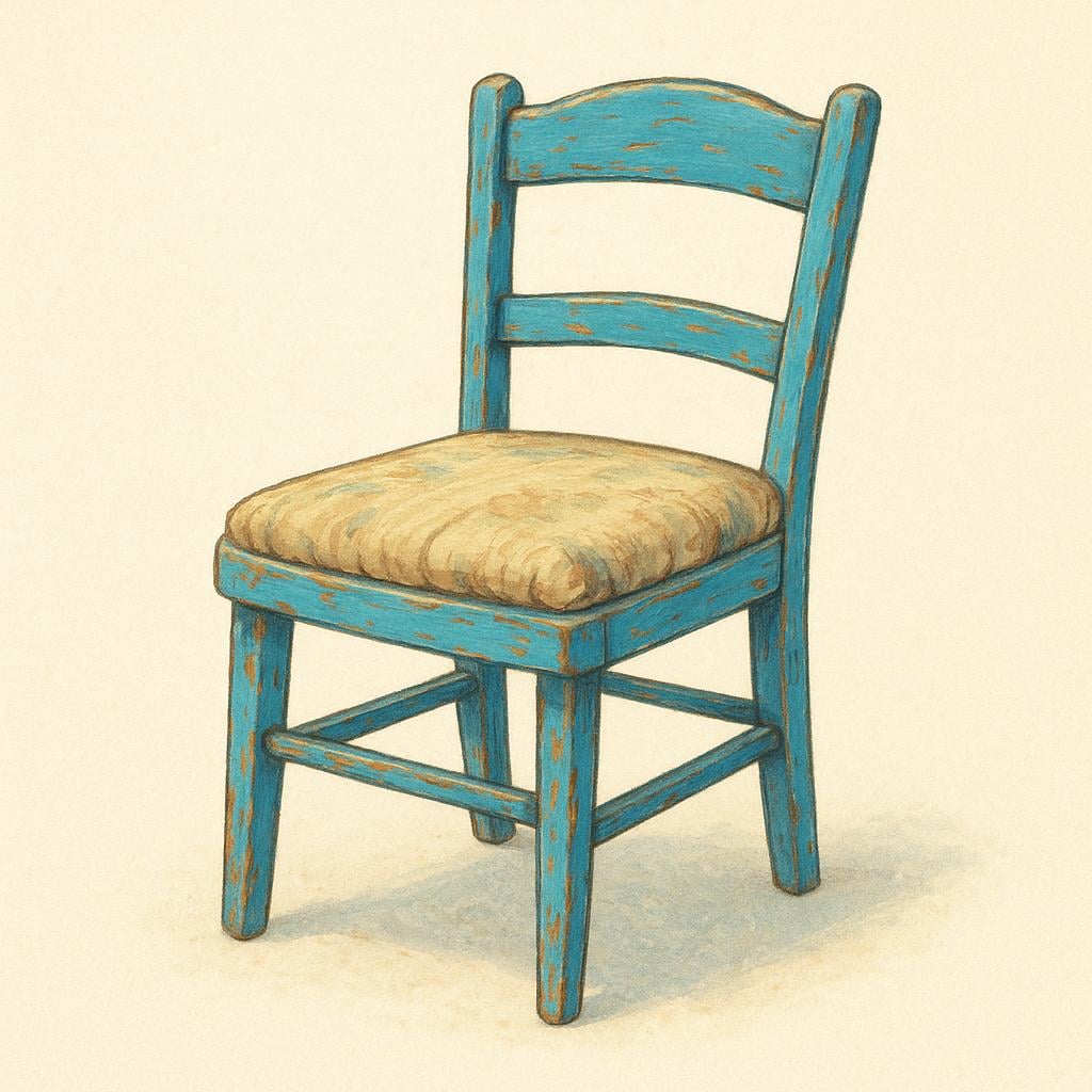 A simple wooden chair that is visibly old, with chipped blue paint and slightly frayed upholstery, illustrating something worn-out.