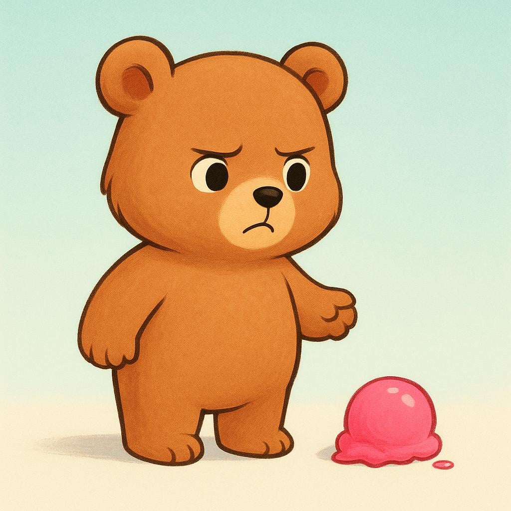 A simplistic bear cub standing next to a dropped scoop of pink ice cream on the ground, exhibiting a slightly annoyed expression.