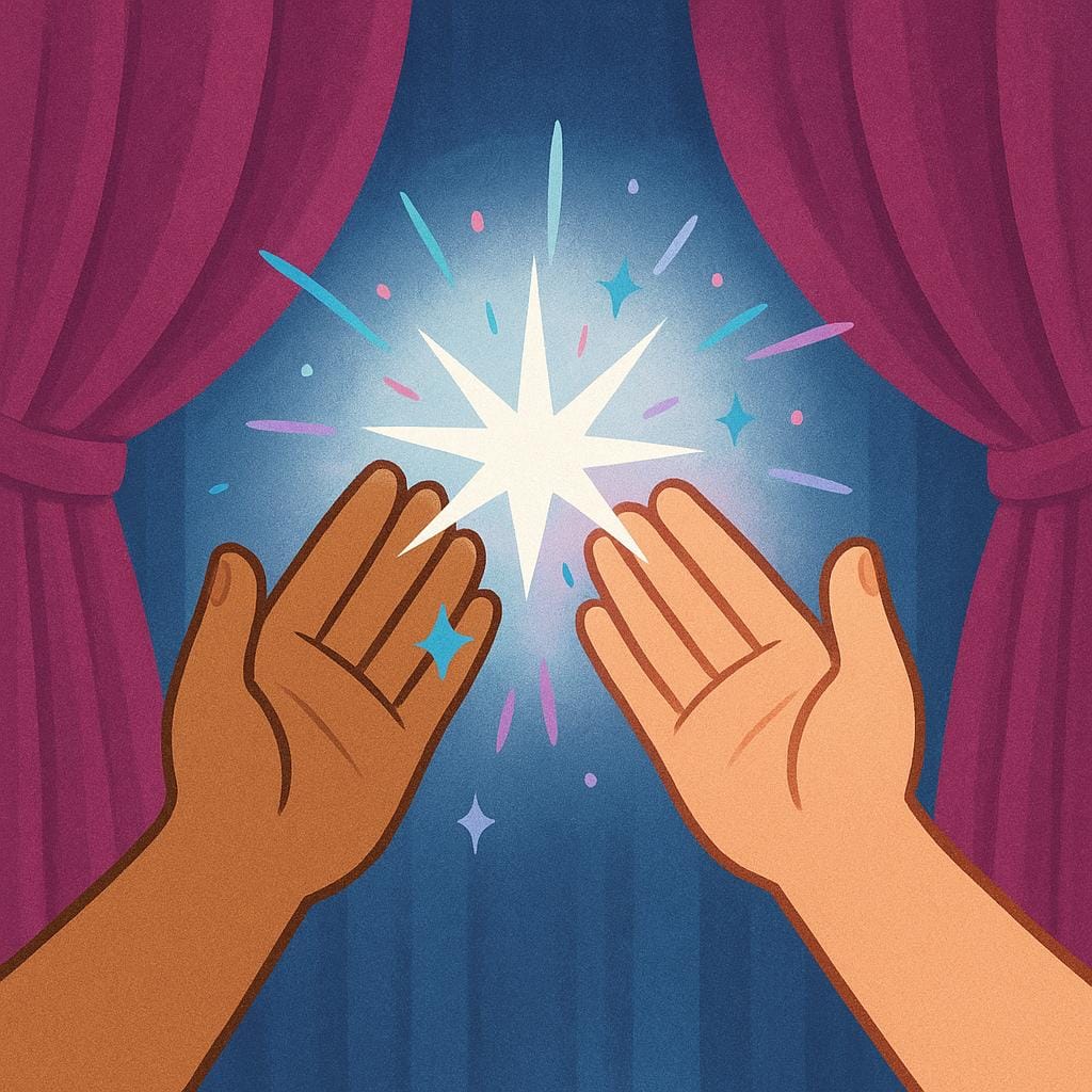 Two hands vigorously clapping together in mid-air, surrounded by bright starbursts, signifying applause and approval.