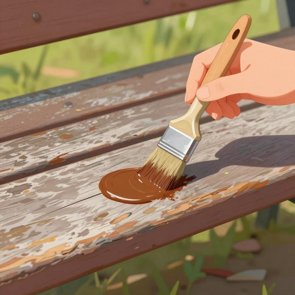 A weathered wooden park bench being painted with fresh brown paint, showing a transformation from old to new.