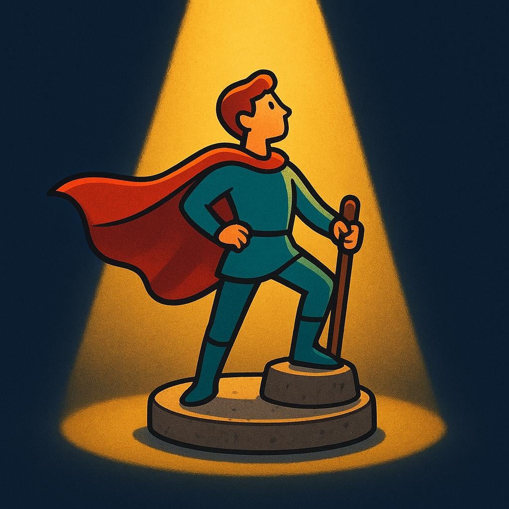 A lone, heroic figure standing on a small, circular pedestal, illuminated by a bright golden spotlight, symbolizing a highly admired person.