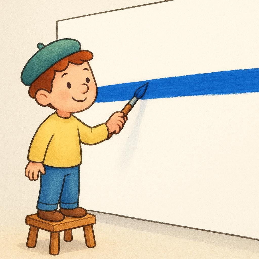 A cheerful artist stands on a small wooden stool, steadily painting a single long blue horizontal line across a very large white canvas, symbolizing a continuous action.