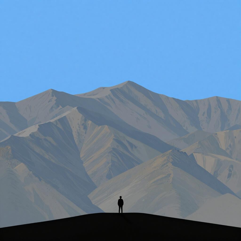 Una rappresentazione visiva della magnitudo, che mostra una piccola figura umana rimpicciolita da un'immensa e vasta catena montuosa sotto un vasto cielo blu.