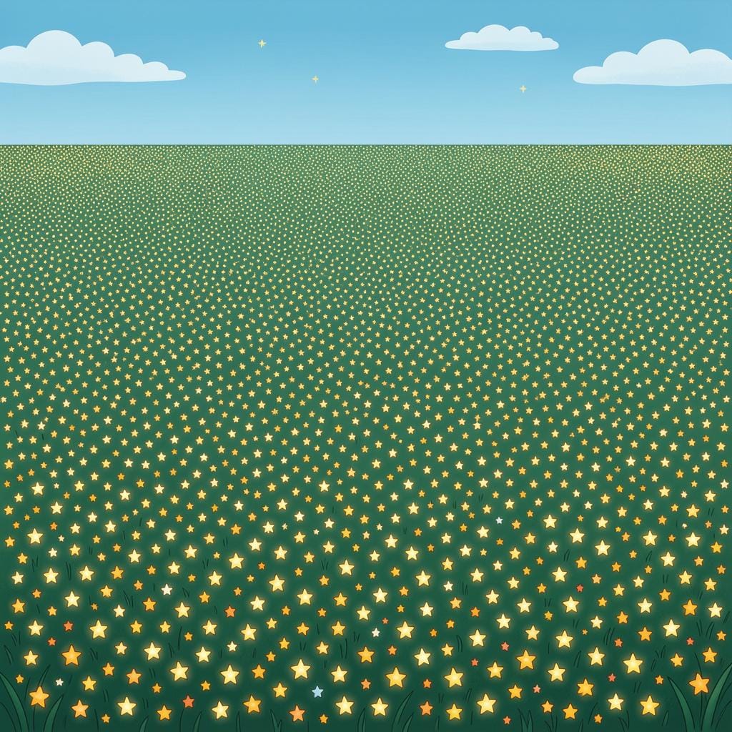 A vast, endless field of tiny glowing stars stretching to the horizon under a night sky.