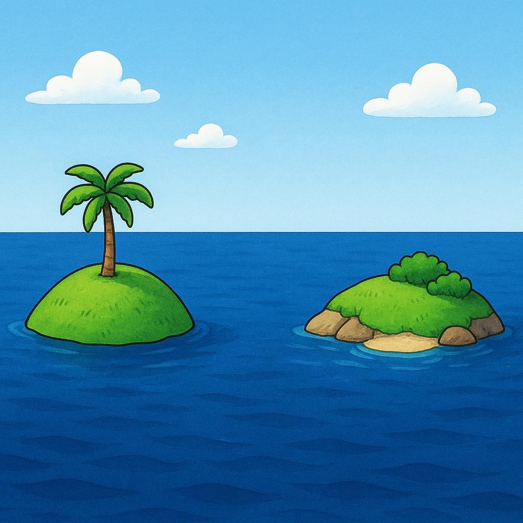 Two small, distinct, lush green islands are separated by a massive, wide expanse of deep blue ocean, symbolizing separation.