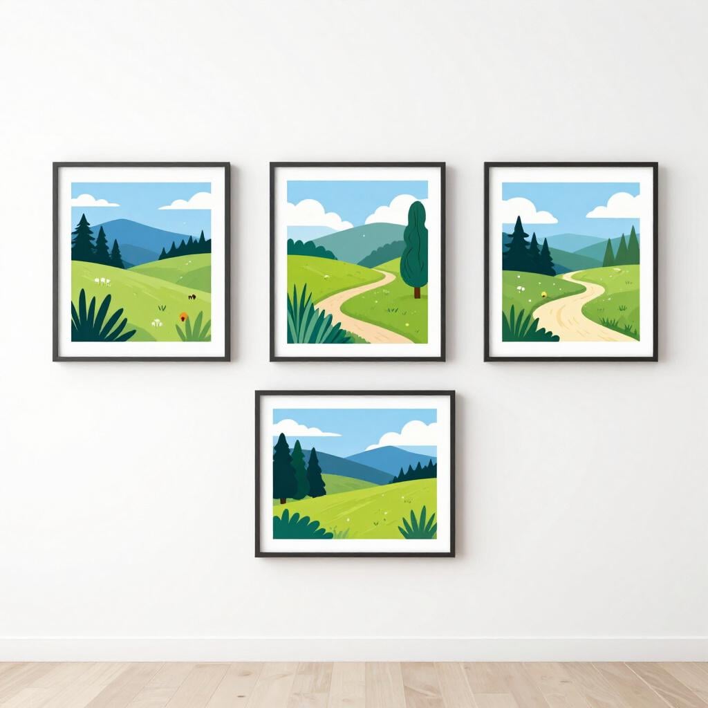 Uma parede de galeria de arte com três pinturas emolduradas cuidadosamente arranjadas e espaçadas.