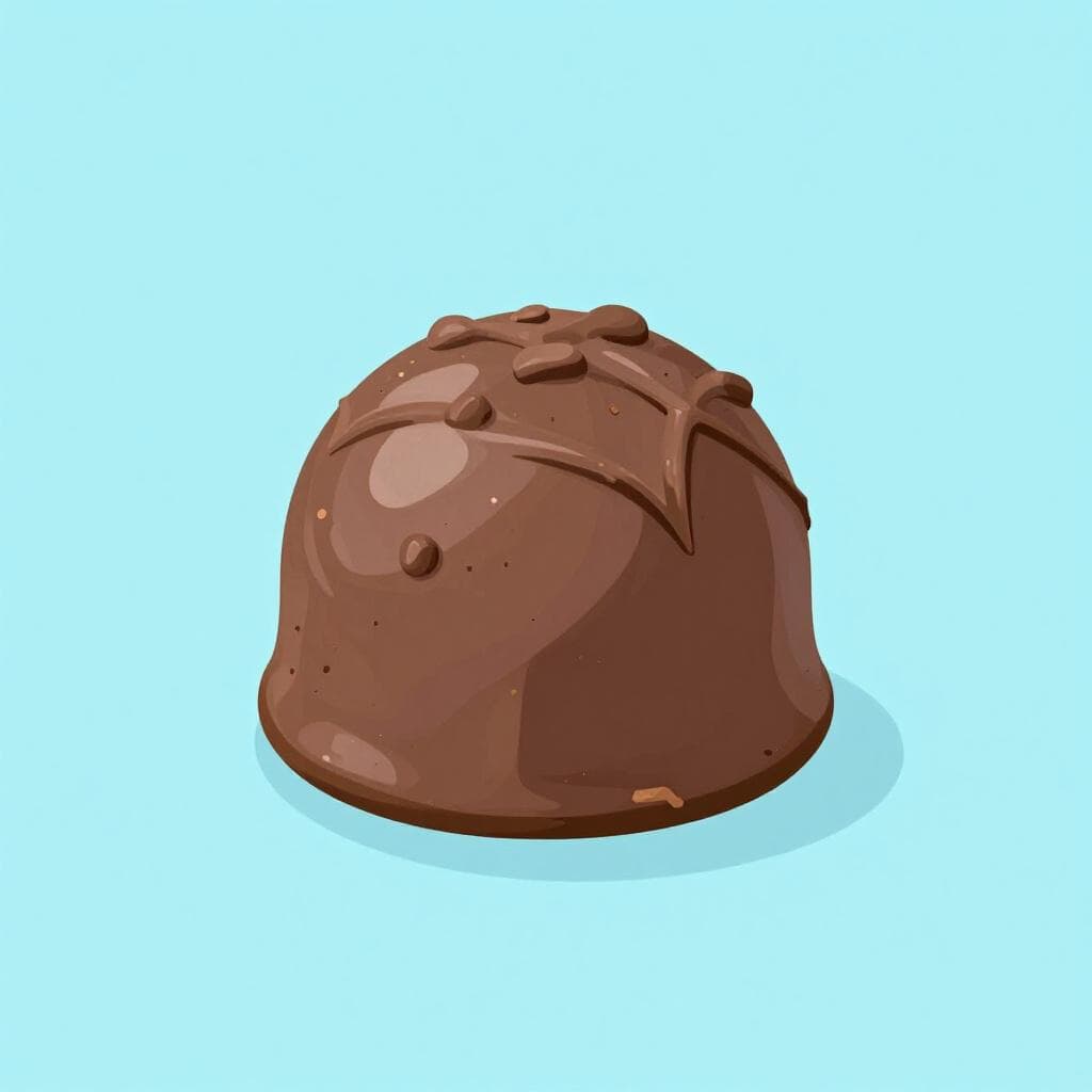 A single, elegant chocolate truffle with a drizzle of white chocolate on top.