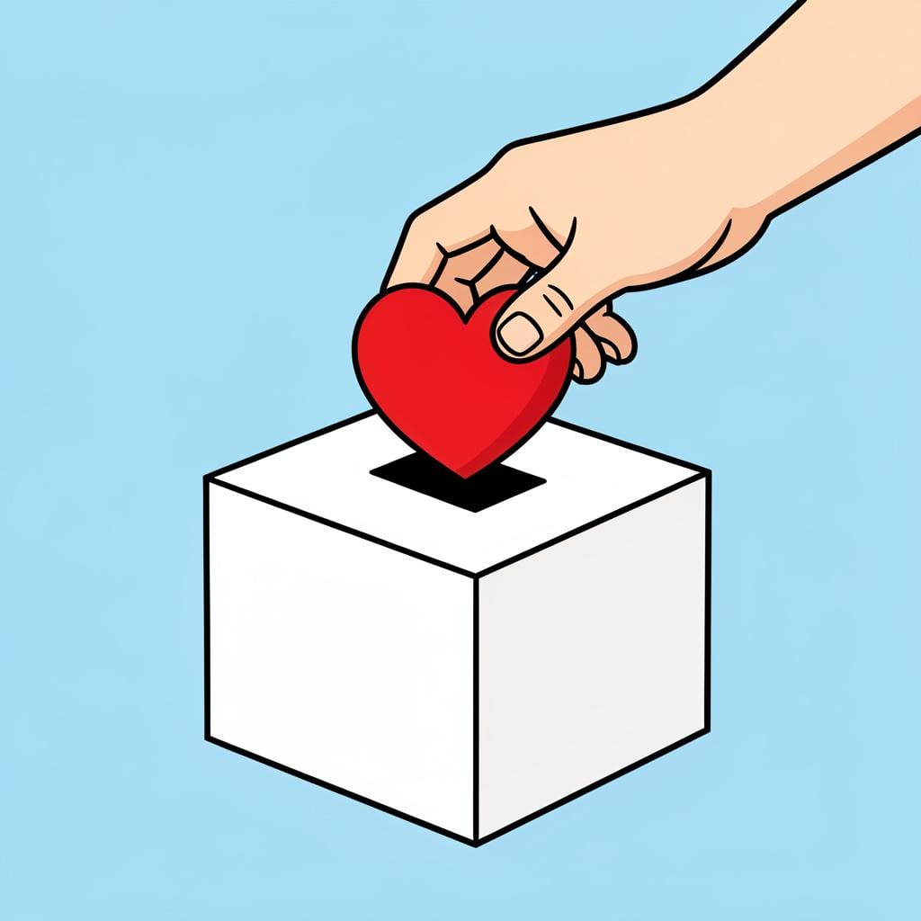 A hand dropping a small red heart into a white donation box with a slot.