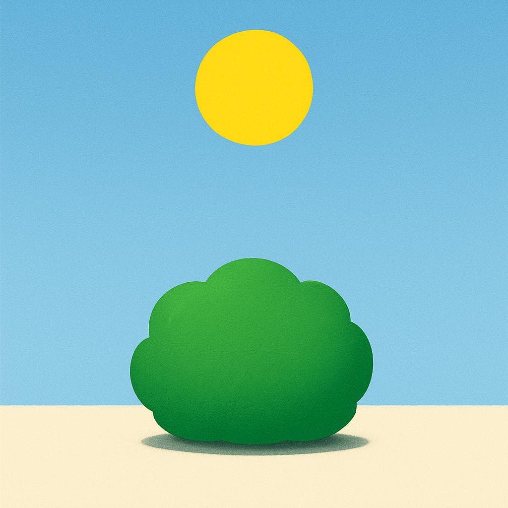 Uma ilustração brilhante de livro infantil mostrando o sol posicionado diretamente acima em um céu azul claro. Um pequeno e simples arbusto verde no chão projeta uma sombra muito curta e escura diretamente abaixo dele.