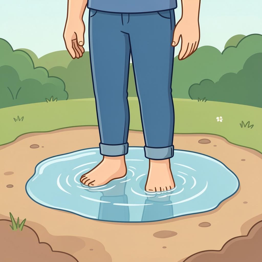 A person standing in a very shallow puddle that only covers their toes.
