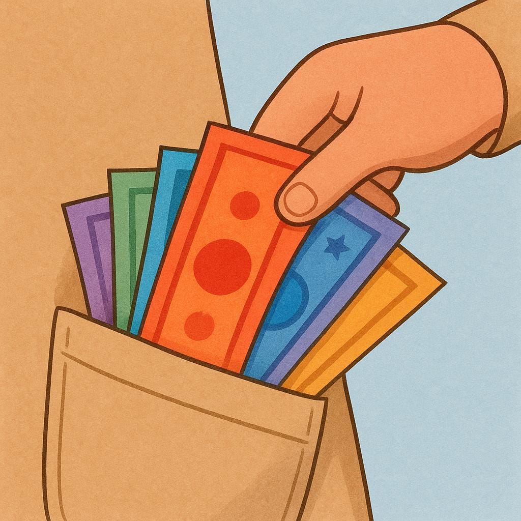 A cartoon hand reaching into a tan-colored pocket and pulling out a small wad of colorful paper money.