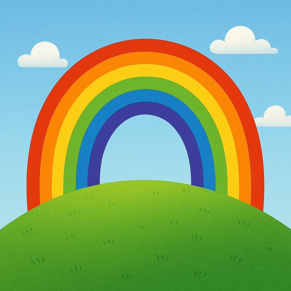 Um arco-íris brilhante e colorido criando um arco perfeito sobre uma colina verde e ondulada sob um céu ensolarado.