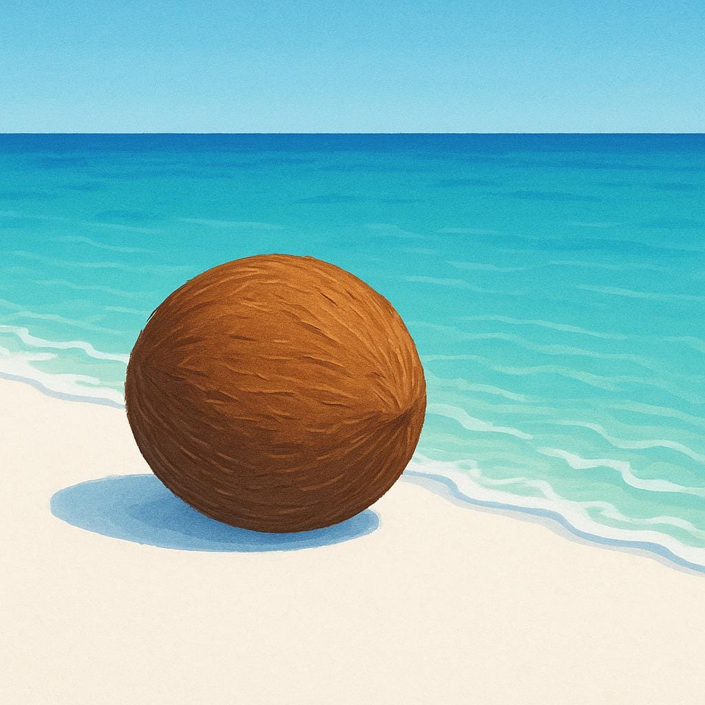 A single, whole brown coconut resting on bright white sand near the edge of a turquoise ocean.