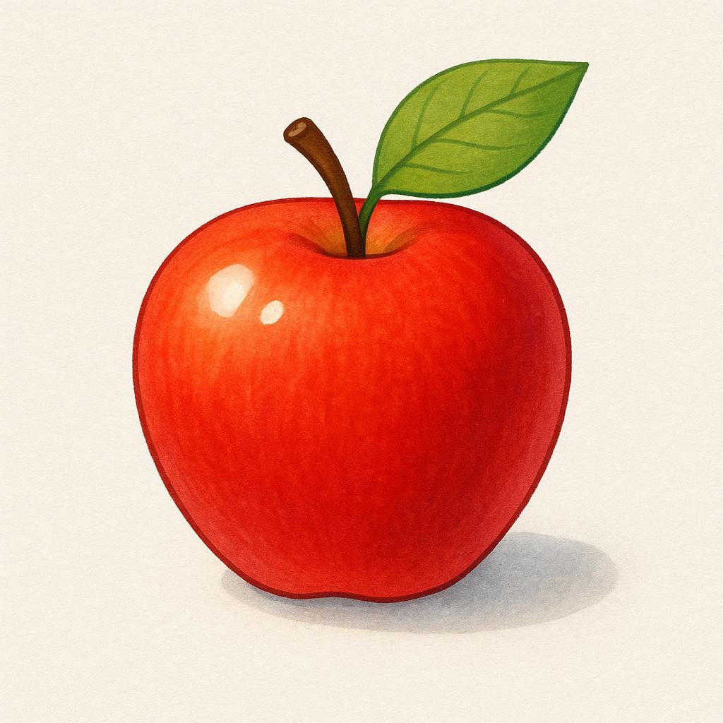 A high quality simple colorful storybook illustration of a single, perfectly ripe, flawless red apple shining brightly on a simple surface, symbolizing intrinsic quality or excellence.