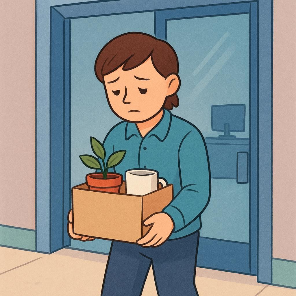 An illustration of a downtrodden person leaving an office setting while carrying a small cardboard box of personal items.