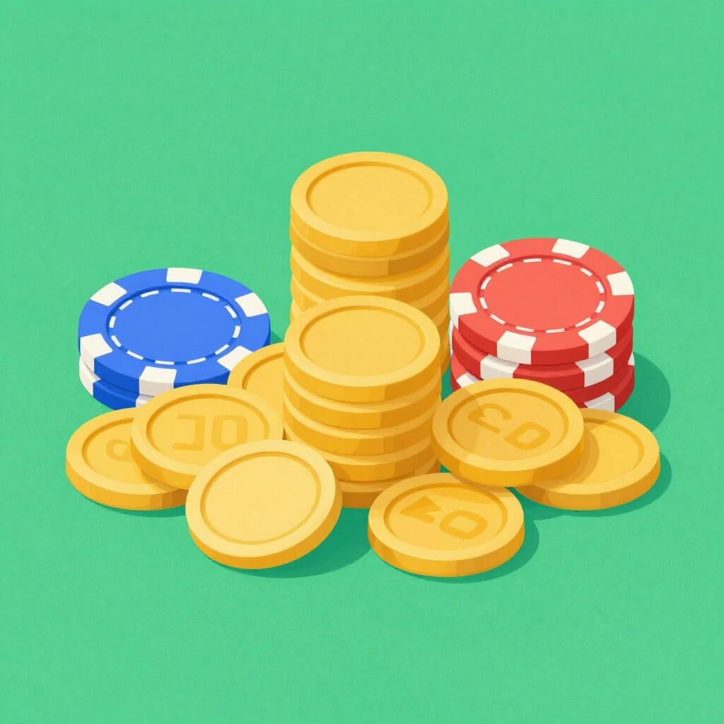 A pile of colorful poker chips and gold coins on a green felt table.