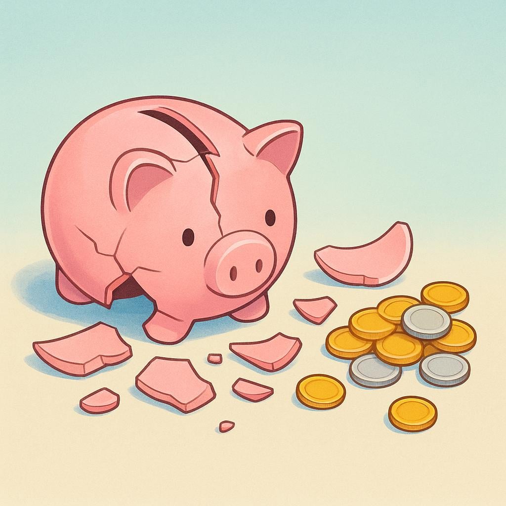 A ceramic piggy bank shattered on the ground next to a small pile of spilled coins, symbolizing financial damage or loss.